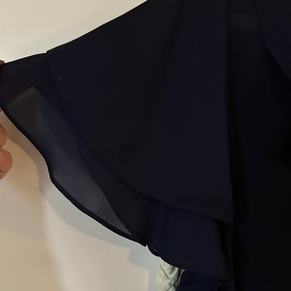 PARKER | Silk Dark Blue Ruffle Short Sleeve Blouse - Picture 5 of 11